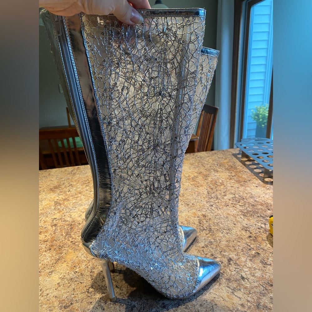 Silver Metallic Lace Stiletto Boots size 8.5 Shoe Dazzle